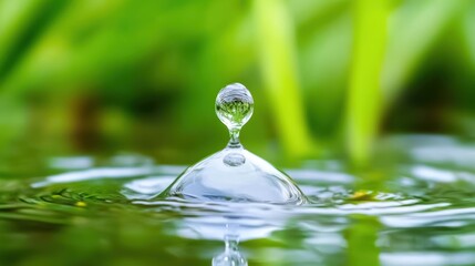 Wall Mural - water droplet creating ripples on a tranquil green surface, nature's beauty captured.