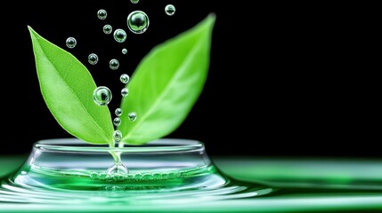 Green leaves emerging from water with bubbles, black background.