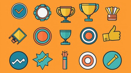 Poster - Success icon set featuring a trophy, target, and thumbs-up. 