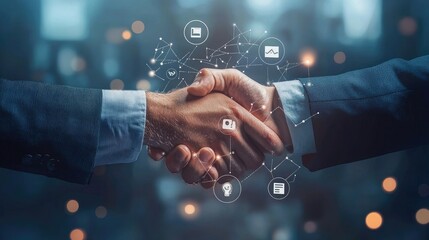 Poster - Customer success concept with a handshake and digital icons. 