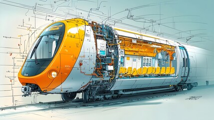 Poster - Detailed Cutaway View of a Subway Car Showcasing its Interior Seating Arrangements Ventilation Systems and Control Panels for an Urban Transportation Concept