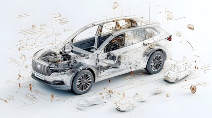 Poster - Detailed cutaway view of an autonomous or self driving car revealing the intricate sensors lidar units radars GPS and navigation software that enable the vehicle s intelligent