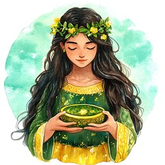 Watercolor illustration of a woman with long dark hair wearing a green dress and holding a golden bowl.