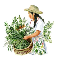 Canvas Print - Watercolor Illustration of a Woman in a Straw Hat Holding a Basket of Green Leaves.