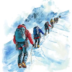 Poster - Team of Climbers Ascending a Snowy Mountain Peak.