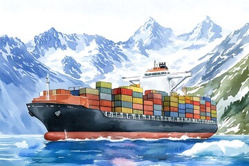 Canvas Print - Container Ship Sailing Past Snowy Mountains.