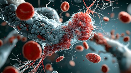Poster - Detailed macro shot showcasing the intricate structure of a clot formation with a focus on the fibrin threads that are crucial in the coagulation process