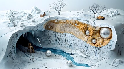 Poster - Intricate Cross Section of a Glacier Revealing its Layered Structure and Meltwater Channels  Detailed view showcasing the ice layers air bubbles and complex network of channels within the frozen mass
