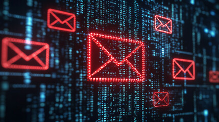 Poster - Digital email alert icon with red envelopes on tech background