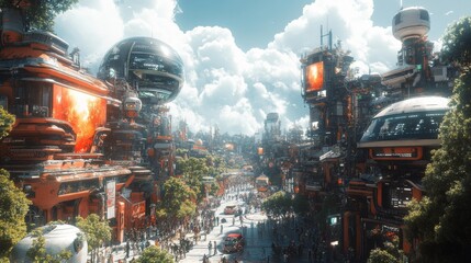 Poster - A vibrant urban landscape showcases futuristic architecture and crowds of people enjoying their day under a bright, blue sky with fluffy clouds.