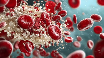 Aufkleber - Mesmerizing microscopic image showcasing the intricate structures and vibrant colors of red and white blood cells floating within a plasma rich environment