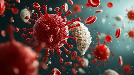 Poster - Microscopic View of Red and White Blood Cells Suspended in Plasma Liquid Captured Under Laboratory Examination and Analysis
