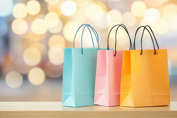 Colorful shopping bags in blue, pink, and orange are displayed on wooden surface, creating cheerful and vibrant atmosphere. blurred background adds festive touch