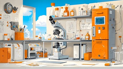 Poster - Minimalist Laboratory Interior with Scientific Equipment and Glassware   Microscopes Beakers Pipettes and Desks in a Clean Modern Workspace