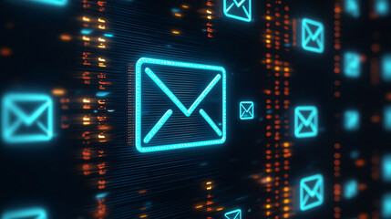 Poster - Digital inbox with glowing email icons representing communication and spam alerts