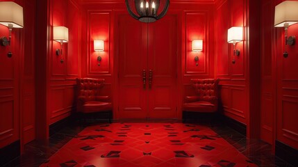 A red hallway with two red chairs, a chandelier, and a set of double doors.