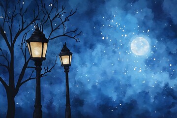 Sticker - Watercolor Illustration of Two Lampposts Under a Blue Night Sky with a Full Moon.