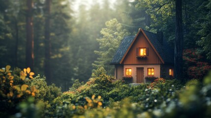 Poster - A small house is nestled in a lush green forest