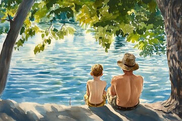 Canvas Print - Watercolor Painting of Father and Son Sitting by a Lake.