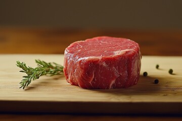 Fresh cut beef steak on wooden board, garnished with herbs and peppercorns.