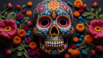 ornate sugar skull on chalkboard for dia de los muertos intricate floral patterns with vibrant colors popping against dark background 