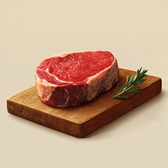 Fresh raw ribeye steak on a wooden cutting board with a sprig of rosemary.