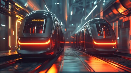 Poster - Futuristic trains in a neon-lit urban environment on sleek tracks.