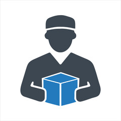 Home delivery icon. Delivery man holding box. Delivery service icon