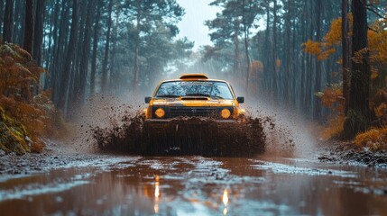 Poster - A yellow vehicle navigates through a muddy path, creating splashes of water as fall leaves surround the wet, forested area in the background, showcasing the beauty of nature.