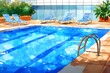 © Woranuch - Watercolor Illustration of a Rooftop Pool with Lounge Chairs.