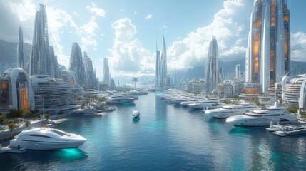 Aufkleber - A vibrant city features towering futuristic skyscrapers and luxurious yachts docked in a picturesque marina, all under a clear blue sky.