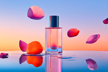 A beautiful perfume bottle surrounded by floating rose petals, reflecting serene sunset. vibrant colors create calming and elegant atmosphere, perfect for showcasing luxury