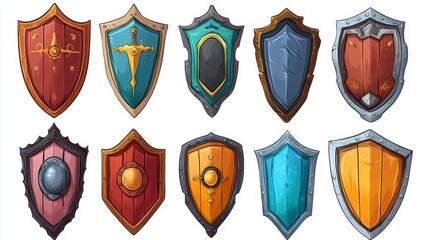 An illustration for a cartoon or game. A set of knight's shields on a white background