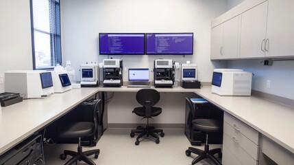 Modern laboratory workspace with equipment and monitors for scientific research.