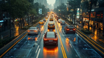 Poster - A bustling city street is illuminated by rain and advanced road technology. Cars drive through the wet pavement, reflecting city lights and creating a vibrant atmosphere at dusk.