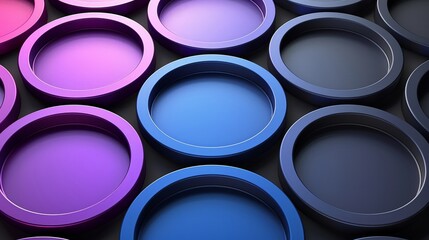 Poster - Vibrant circular shapes in varying shades of purple and blue are organized in a geometric pattern, creating a visually striking display against a dark backdrop, ideal for design inspiration.
