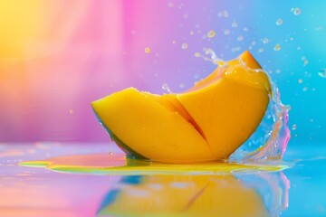 Vibrant mango splash: fresh slice with colorful water burst