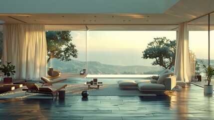 Wall Mural - Modern living room with large windows overlooking a scenic landscape with a swimming pool outside, showcasing a luxurious and minimalist design.