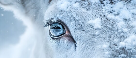 A close-up of the eye and face of an Arctic reindeer covered in snow, with bluish-grey tones. The scene is set against a snowy background.