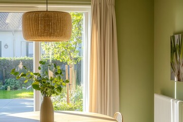 Aufkleber - The living room is decorated with mint-colored chairs and a round wooden dining table