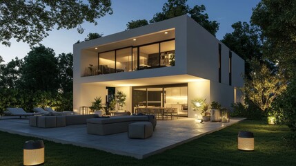 Fototapete - With a garden and evening lighting, a luxurious modern house exterior is shown