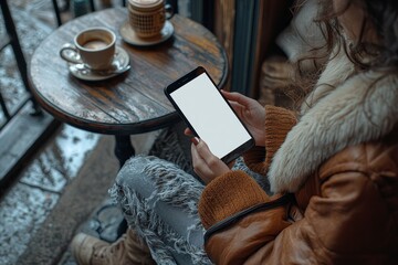 Poster - Mockup of a woman holding a smartphone in a coffee shop, with a blank white screen for text, for advertising and marketing of mobile apps, and online marketing of mobile apps