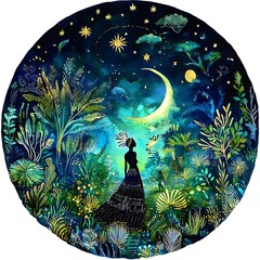 Poster - Watercolor illustration of a woman standing in a lush forest at night with a crescent moon and stars in the sky.