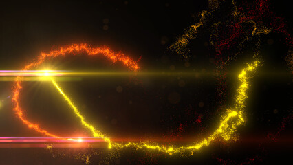 Wall Mural - Yellow and Orange Wavy Light Lines Crossing Turbulence Particles and Lens Flares, Widescreen 4K Resolution