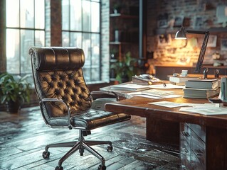 Poster - Black leather Modern industrial style office with exposed brick walls