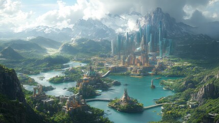 Aufkleber - A thriving futuristic city blends seamlessly with nature, featuring towering skyscrapers beside tranquil lakes, surrounded by majestic mountains and lush forests.