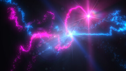 Wall Mural - Blue and Pink Wavy Light Lines Crossing Turbulence Particles and Lens Flares, Widescreen 4K Resolution