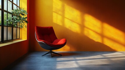 Poster - A red chair sits in a room with a yellow wall and a window