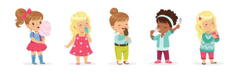Poster - Cute Girl Character Eat Sweet and Sugary Treat Vector Set