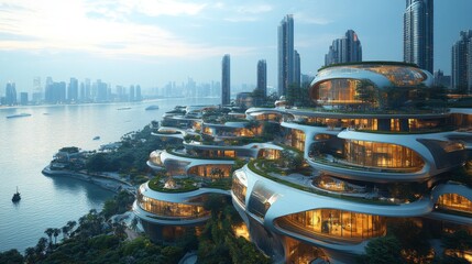 Aufkleber - A stunning waterfront development showcases innovative architectural designs and lush greenery, illuminated under the evening sky in a bustling city.